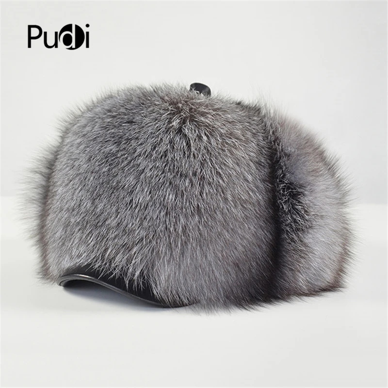

Pudi man&women's real fur hat cap 2019 new genuine silver fox raccoon fur casual winter warm bomber hats snow hats HF812