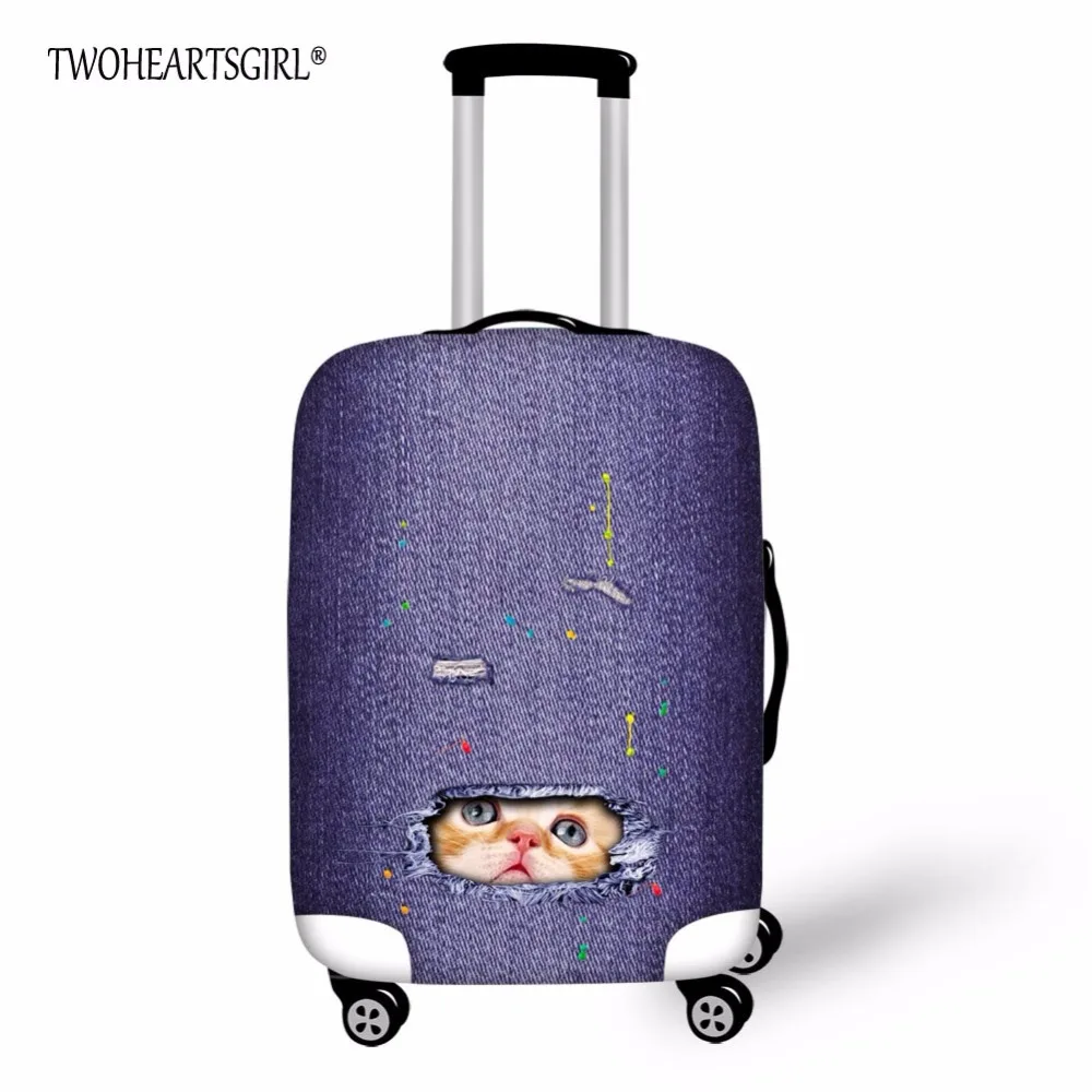 

TWOHEARTSGIRL Denim Cute Cat Printed Travel Luggage Suitcase Protective Cover for Trunk Case for 18-30 Suitcase Cover Elastic
