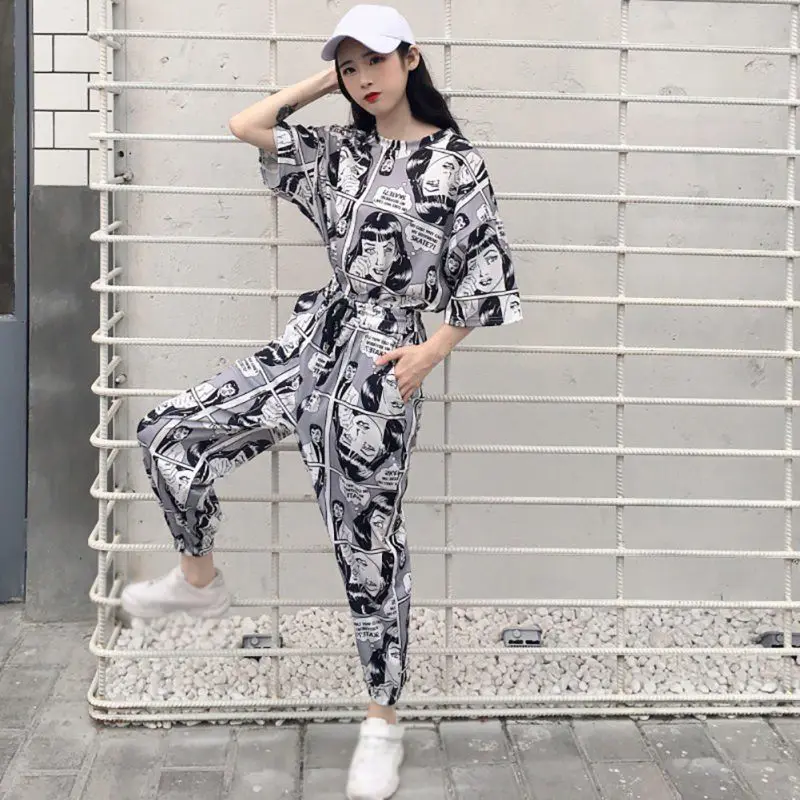 2 шт./компл. футболка с короткими рукавами и мультяшным принтом Harajuku длинные штаны