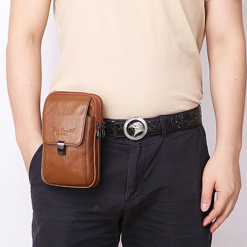 Men Genuine Leather Flap Solid Color Multifunction Crossbody Phone Pouch High Quality  Mobile Phone Credit Card Storage Bags