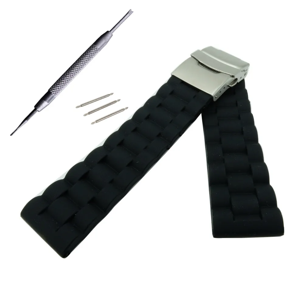 20 22 mm Rubber Watch Band Strap Straight End Bracelet Stainless Steel Double Folding Clasp Watchband For Any watchband | Наручные часы