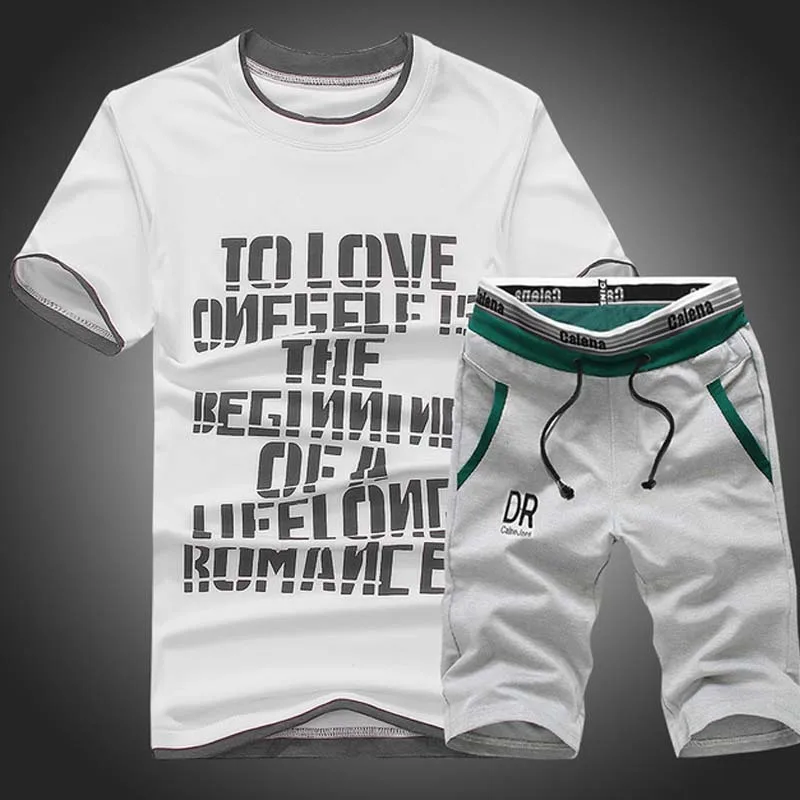 OLOEY 2019 summer mens sport suits shirt & shorts two piece men set slim fit jogging male set casual korean print sporting suit