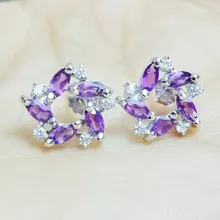 Аметистовые цветочные серьги-гвоздики,, натуральный настоящий аметист, серебро 925 пробы, хорошее ювелирное изделие, 0.1ct* 10 шт, драгоценный камень# C943001