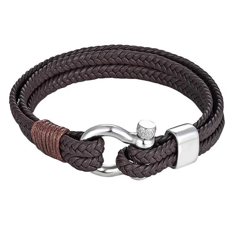 Mens Stainless Steel Anchor Shackles Black/Brown Leather Bracelet