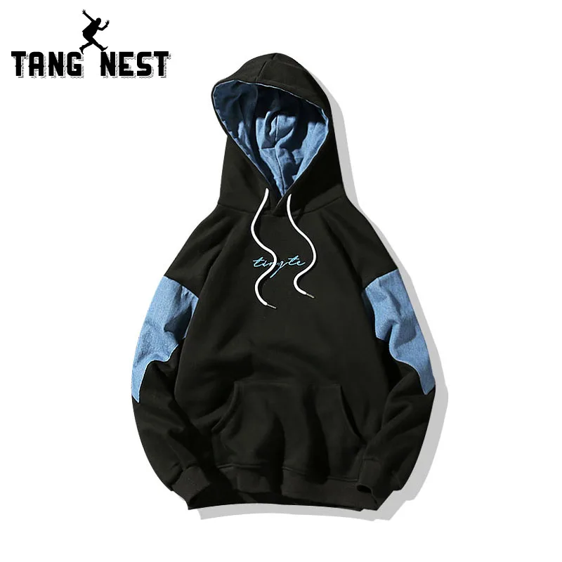 TANGNEST Men's Hooded Sweatershirt Denim Stitching Design Men Popular Sweatshirt Oversize 5XL MWW741 | Мужская одежда
