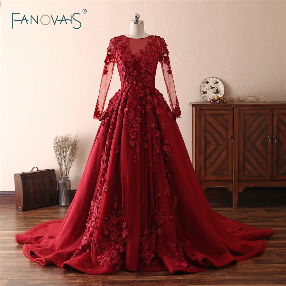 

Vintage Burgundy Evening Dresses 2019 Long Sleeve Beaded Applique Luxury Lace Evening Gown Satin Vestido de Fiesta NE2