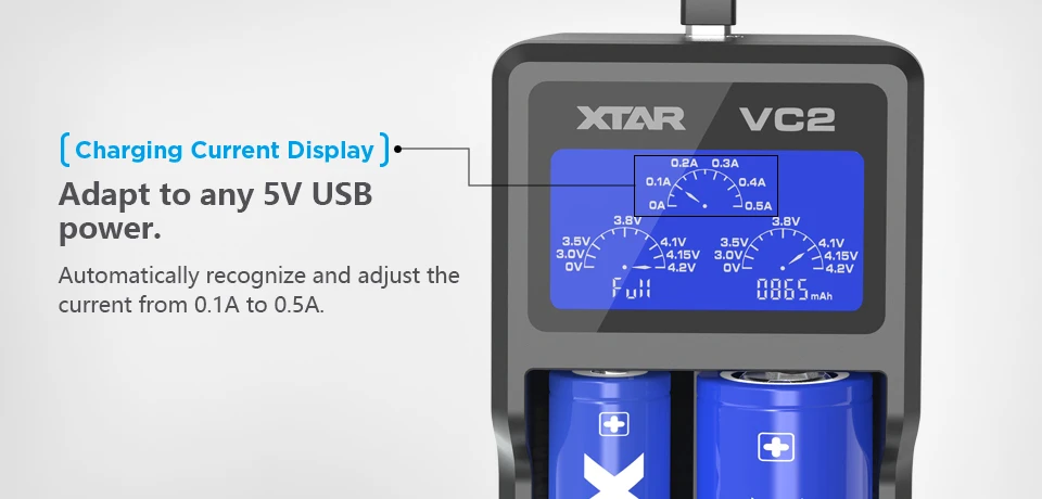 Зарядное устройство XTAR VC2 для 10440/16340/14500/14650/17670/18350/18490/18500/18650/18700/26650/22650/20700/21700/