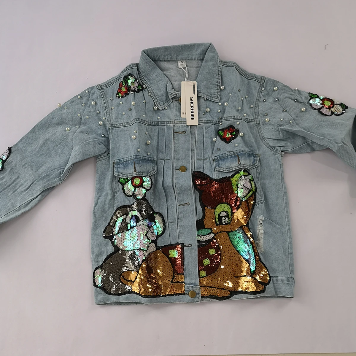 Женская куртка Sherhure джинсовая с блестками и жемчугом 2019|jacket coat women|jacket coatembroidery jacket
