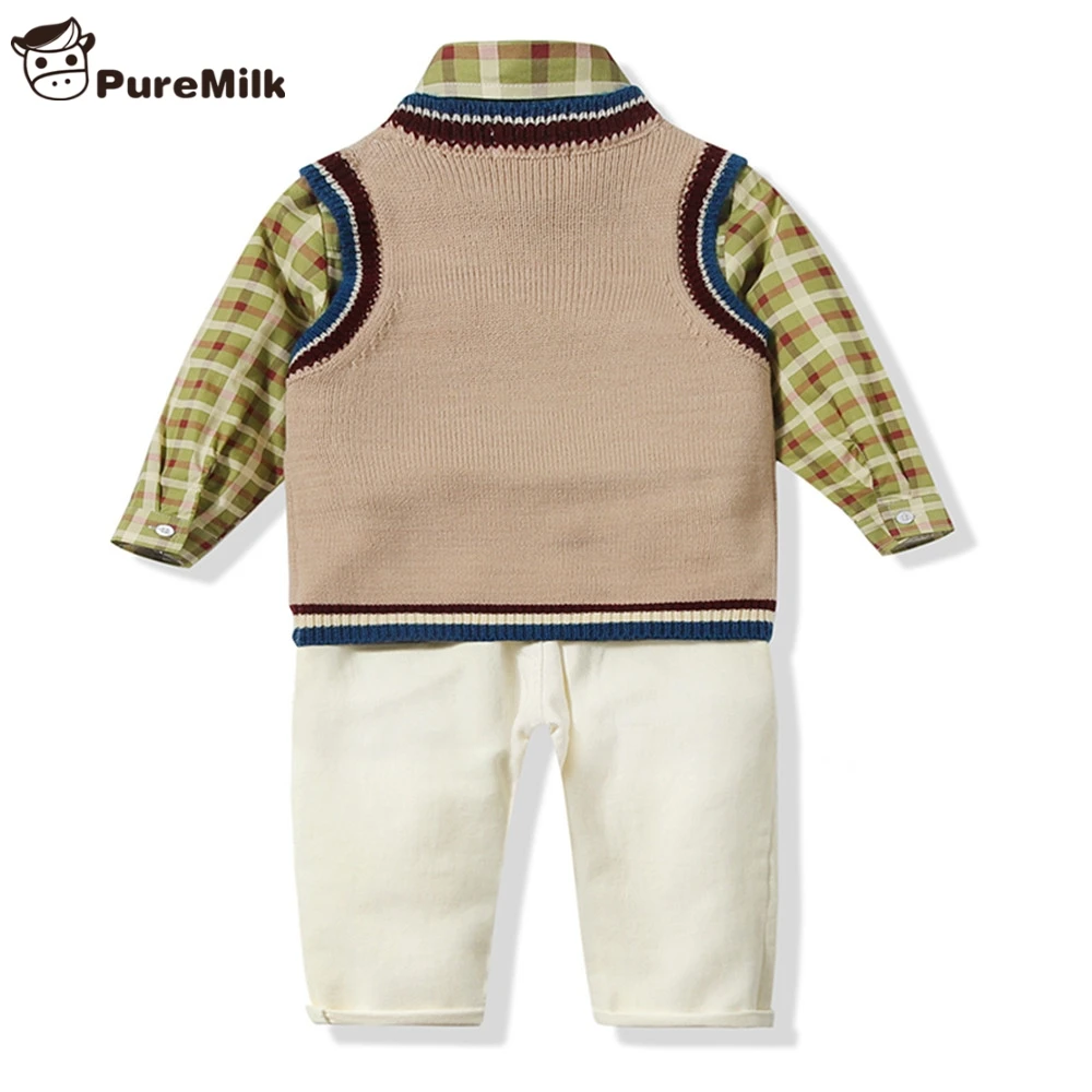 PureMilk/детская одежда синяя рубашка+ красный вязаный жилет+ белые брюки Повседневные Вечерние комплекты одежды для мальчиков