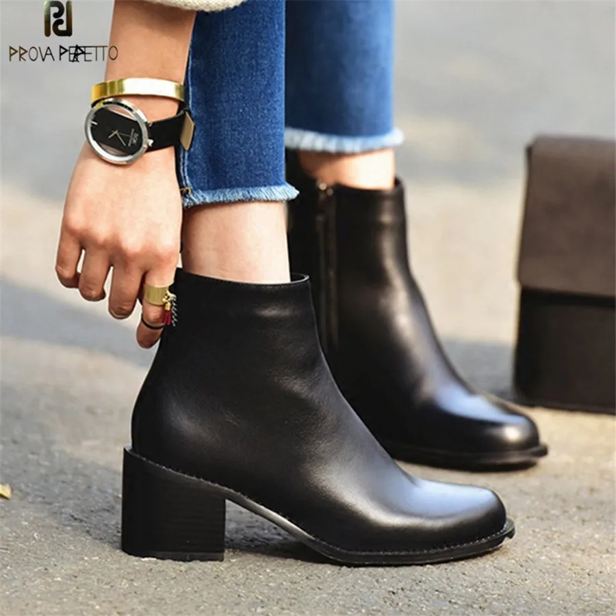

Prova Perfetto New Style Thick Heel Genuine Leather Women Boots Fashion Brand High Heels Platform Women Ankle Boots Ladies Shoes