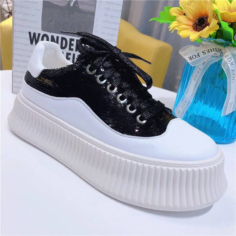 

Fashion women off white shoes muffin bottom color sequined casual shoes Korean version net red thick bottom low Lefu Yasilaiya