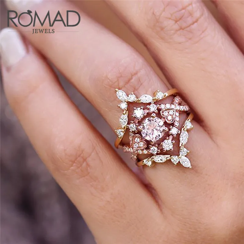 

ROMAD Rose Gold Wedding Rings Cubic Zirconia Ring for Women Rings Set Female Engagement Party Statement Jewelry Gift 3Pcs/set R4