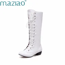 MAZIAO/ г. новые модные сапоги до колена пикантные удобные женские сапоги на низком каблуке, на шнуровке, высокого качества, Осень-зима размеры 34-43