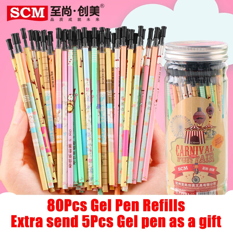 Recargas para Canetas de Gel Caneta Recarga – Lote Scm Coreia Criativo Bonito Colorido Preto Azul Tinta 0.35mm0.38mm 0.5mm Gel 80 Pçs