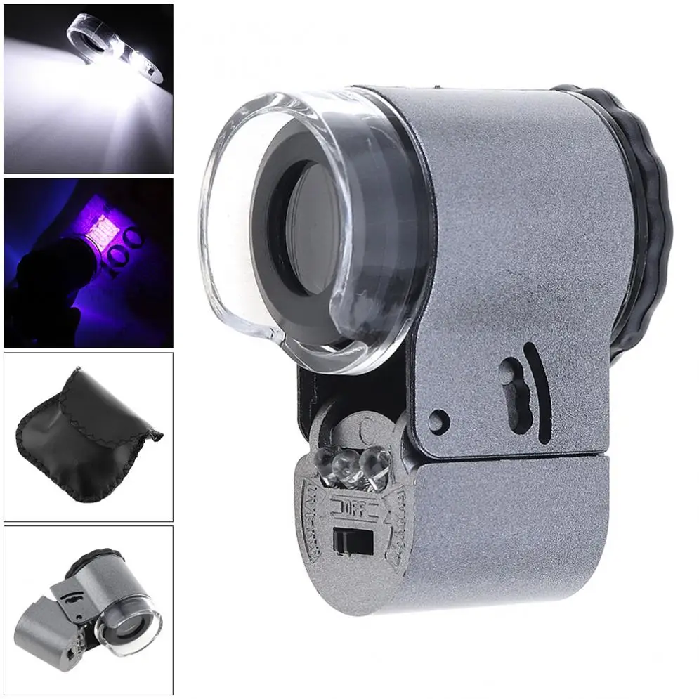 

50X Metal + ABS Portable Adjustable Magnifier with 2 LED Light and UV Light for Jewelry / Diamond / Banknote Checking