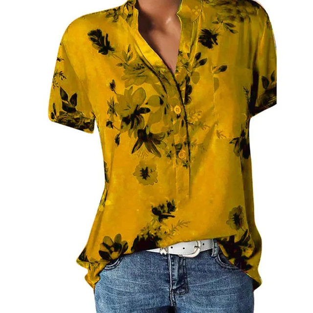 Elegant women's shirt printing large size casual shirt fashion V-neck short-sleeved shirt blouse Yellow