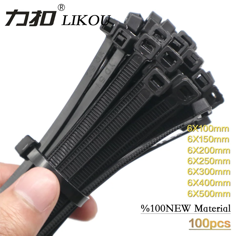 

LIKOU Nylon cable ties 6x100mm 6x150mm 6x200mm 6x250mm 6x300mm 6x400mm 6x500mm Plastic self-locking cable ties straps 100PCS