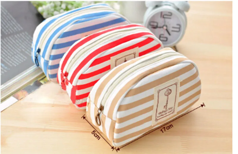 1PC New High quality Large Women Female Stripped Zipper Canvas Makeup Cosmetic Bags Pouch 3 Colors