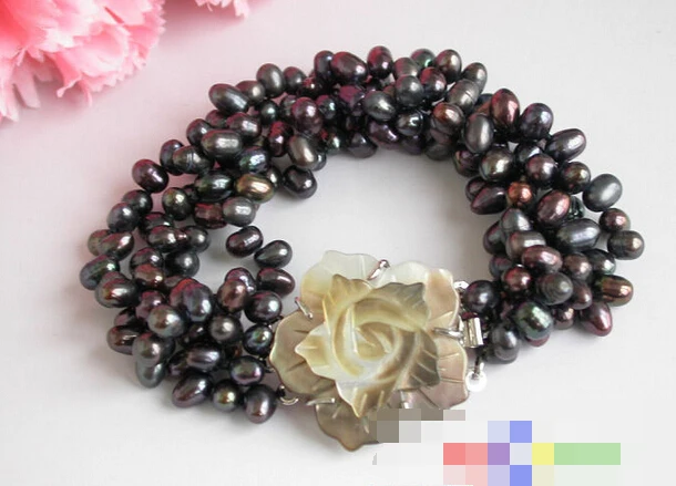 

12658 4Strands baroque black rice Freshwater pearl bracelet bangle shell (A0502)