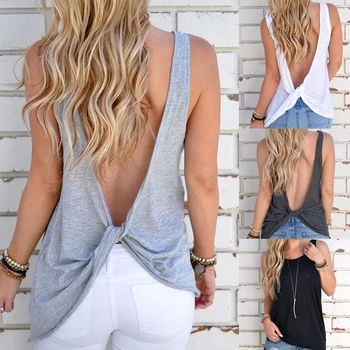 Women's Cotton Twist Knotted Backless Vest Shirt Sexy Back Open Top Loose Summer Tank Top 2020 Ladies Casual Sleeveless T shirt twist front plunging t shirt