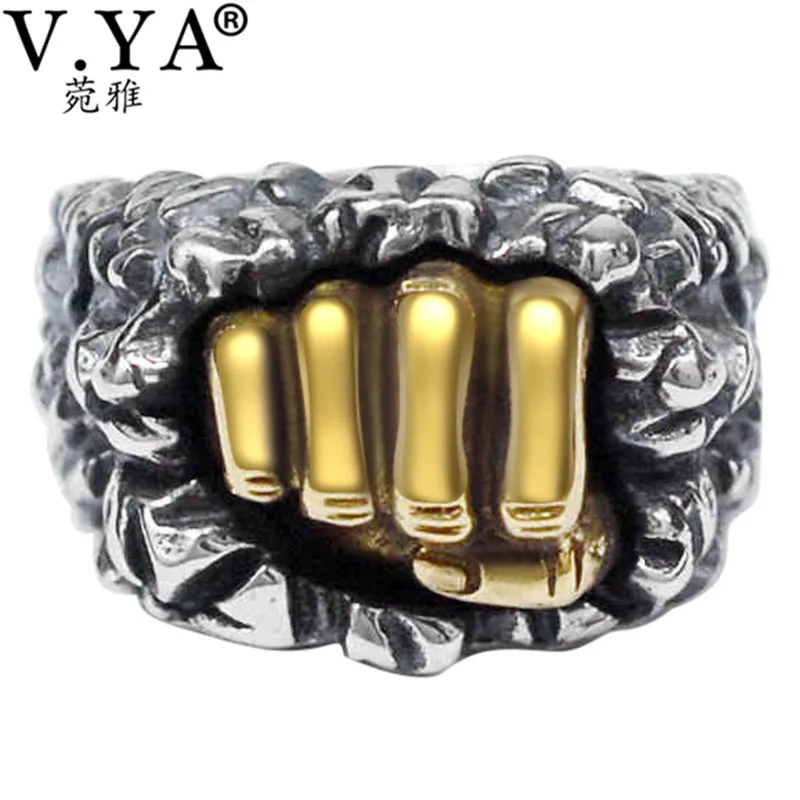

V.YA Rock Punk Style Men Ring 925 Sterling Silver Rings Male Fist Shape Vintage Thai Silver Biker Jewelry High Quality