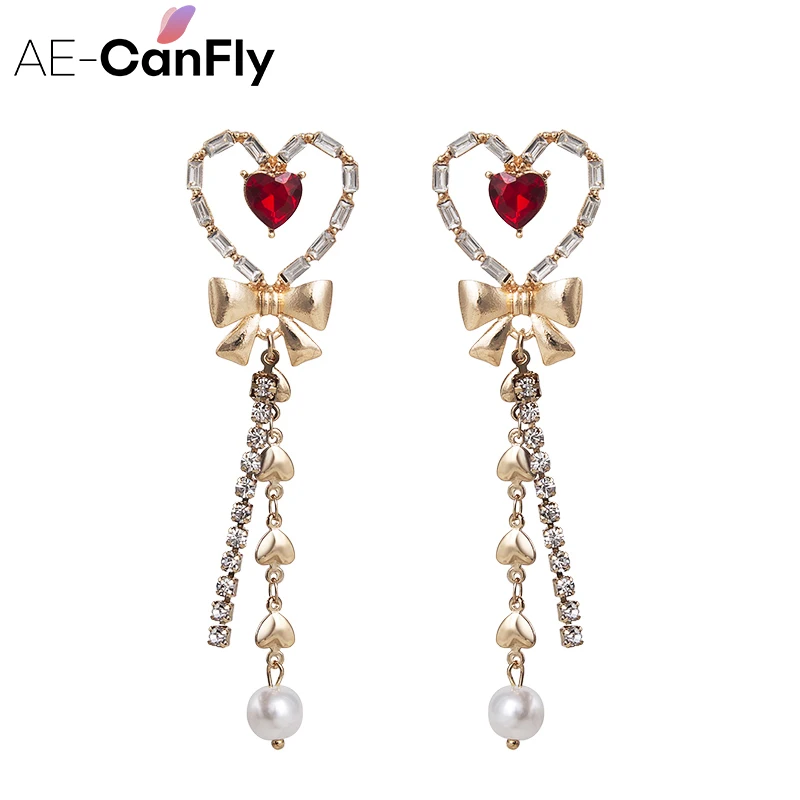 

AE-CANFLY Fashion Trendy Crystal Love Heart Long Dangle Tassel Drop Earrings Brincos For Women Jewelry Party Gift