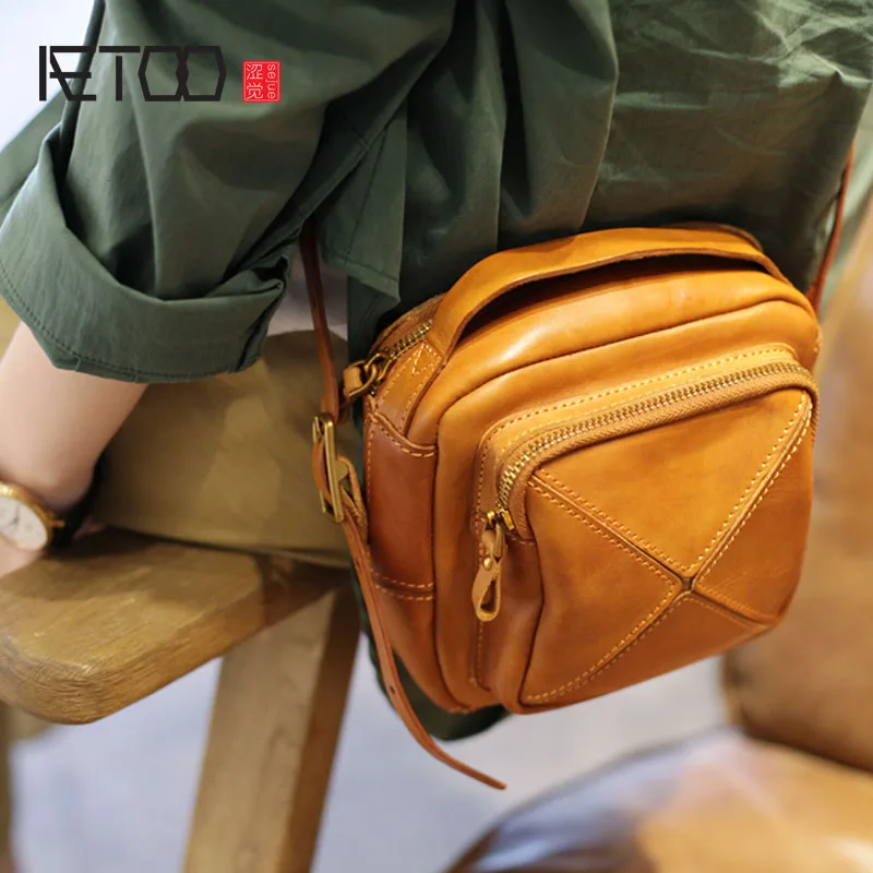 

BJYL Original autumn on the new small bag handmade cowhide handbag retro stitching small square bag literary shoulder Messenger