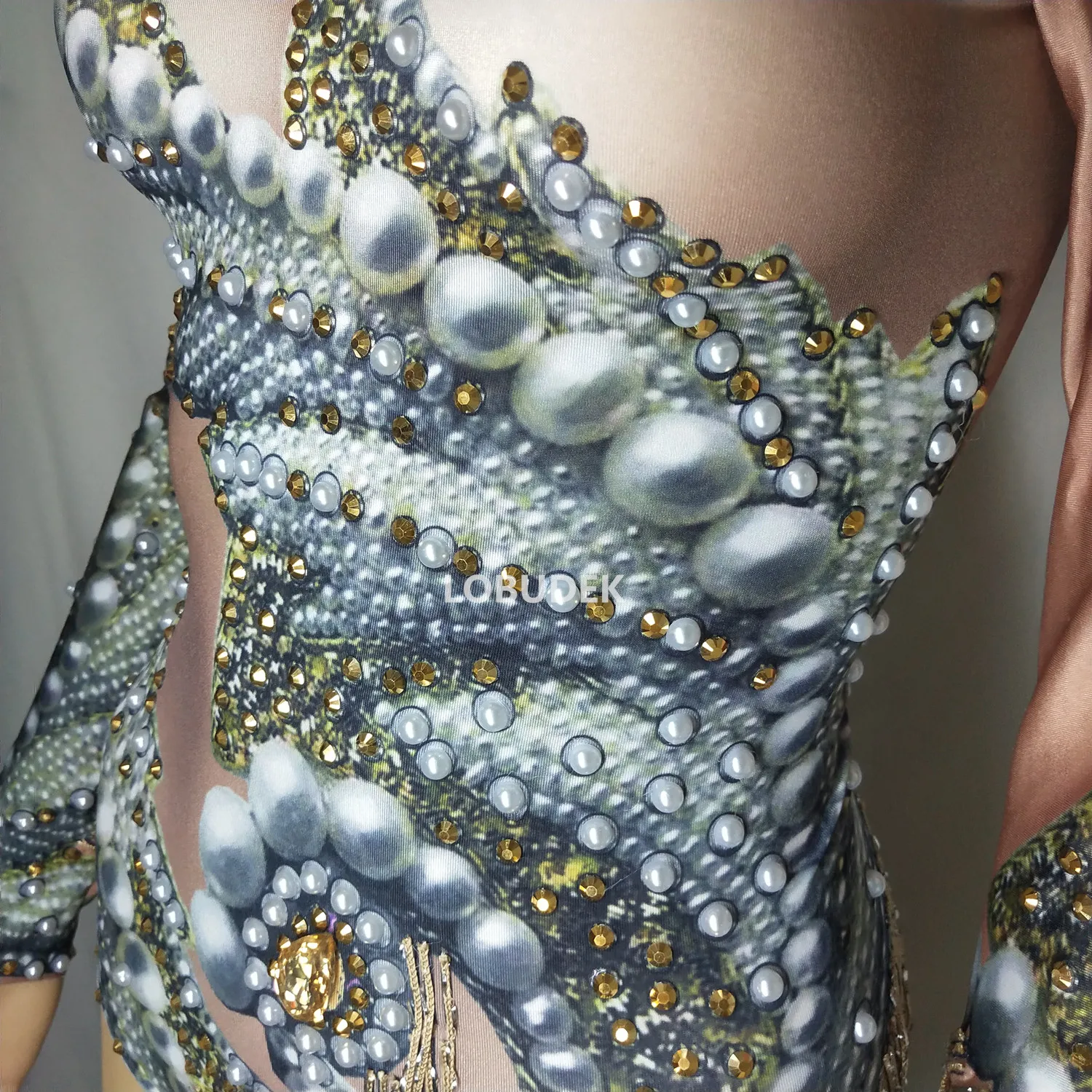 3D узор сексуальный телесный цвет стрейч боди кристаллы золотые кисточки комбинезон DJ джаз танец представление Купальник Одежда для сцены костюм