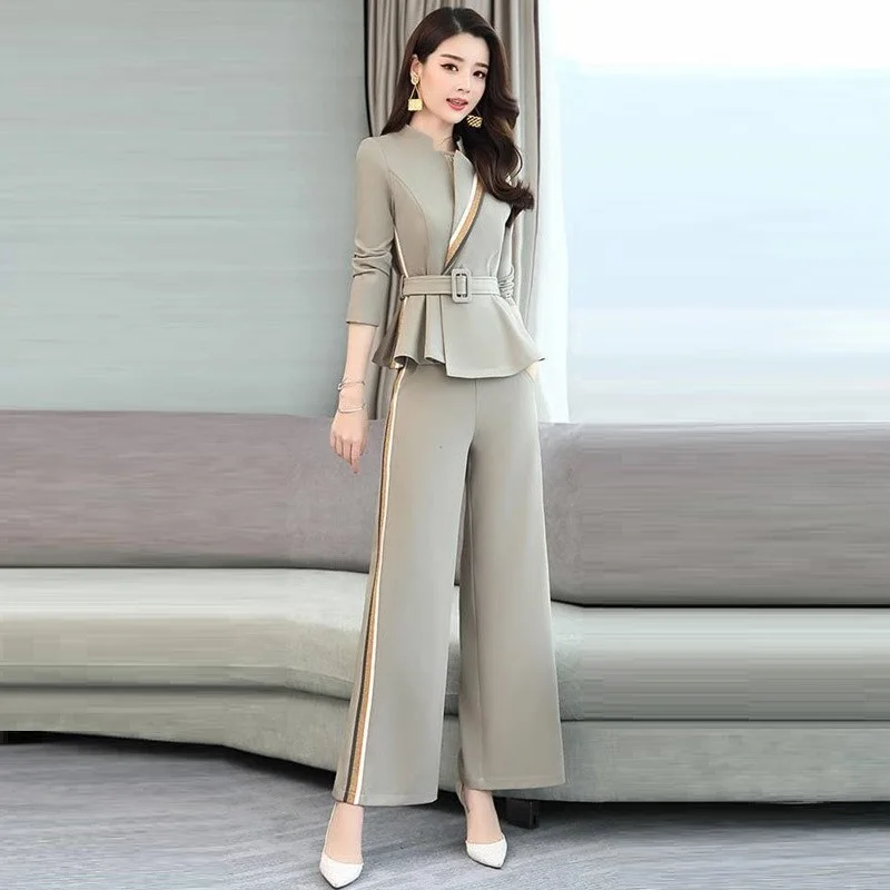 

Two Piece Set Women Ruffle Jacket And Wide Leg Pant Suits 2019 New Spring Autumn Fashion Elegant striped Pants 2 Piece Sets