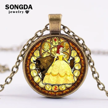 

SONGDA Fairy Tale Cartoon Beauty and the Beast Necklace Belle Princess Glass Art Photo Cabochon Pendant Necklace Charm Jewelry