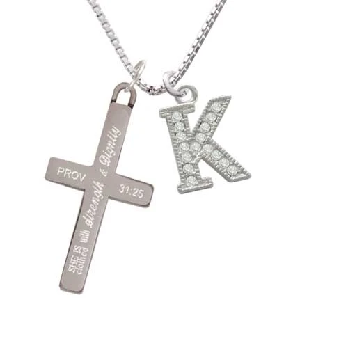 Crystal Initial - K - Beaded Border - - Strength and Dignity - Cross Necklace (1)
