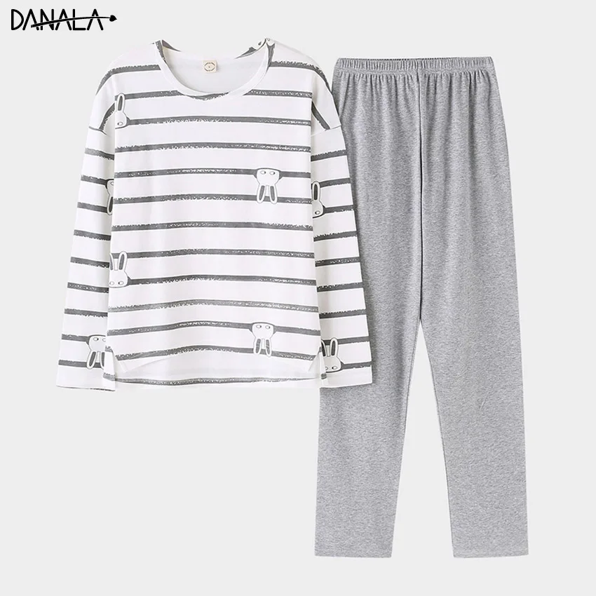 DANALA Cotton Casual Women Sleepwear Sets Summer Striped Animals Print Long Sleeve Female Pajamas Sets Home Wear