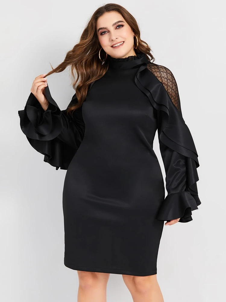 

YINGLIZI 2019 latest fashion mesh openwork long-sleeved dress sexy ruffled slim bag hip large size dress