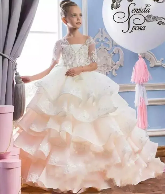 

Luxury White Flower Girl Dresses with Wrap Half Sleeve Girls Pageant Gown Lace Applique Beads Formal Gowns Custom Made