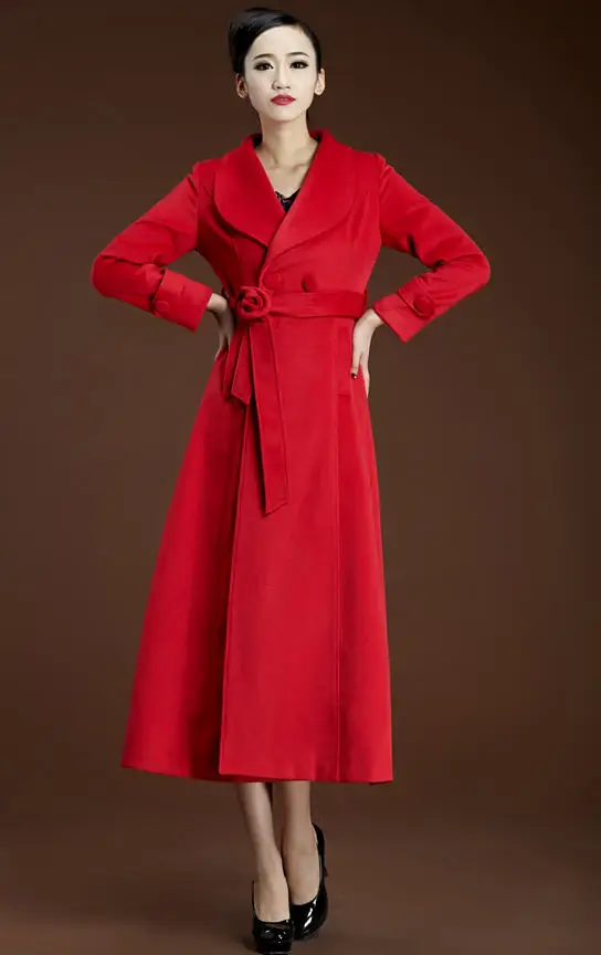 Европейский осень-зима Для женщин супер длинный обтягивающий кашемировый пальто женские элегантные шерстяные пальто, женская верхняя одежда, S-3XL D024 - Цвет: red