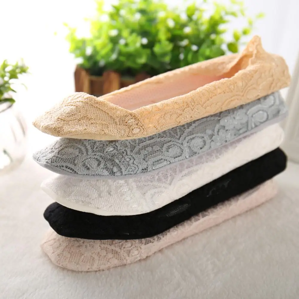2 pcs/pair Summer Women Girl Silica Gel Lace Boat Sock Invisible Cotton