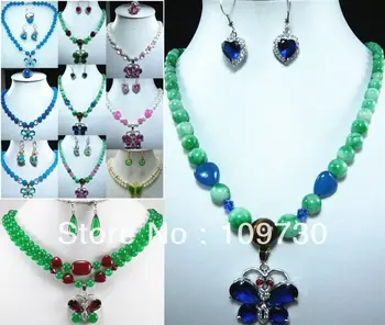 

Jewelry 00513 10 color-fancy green/blue/pink jade pearl necklace butterfly pendant earring set can choose