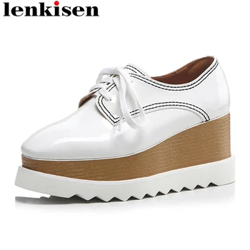 

Lenkisen 2018 genuine leather round toe Spring/Autumn platform high heels sneaker casual shoes elegant lace up women pumps L15