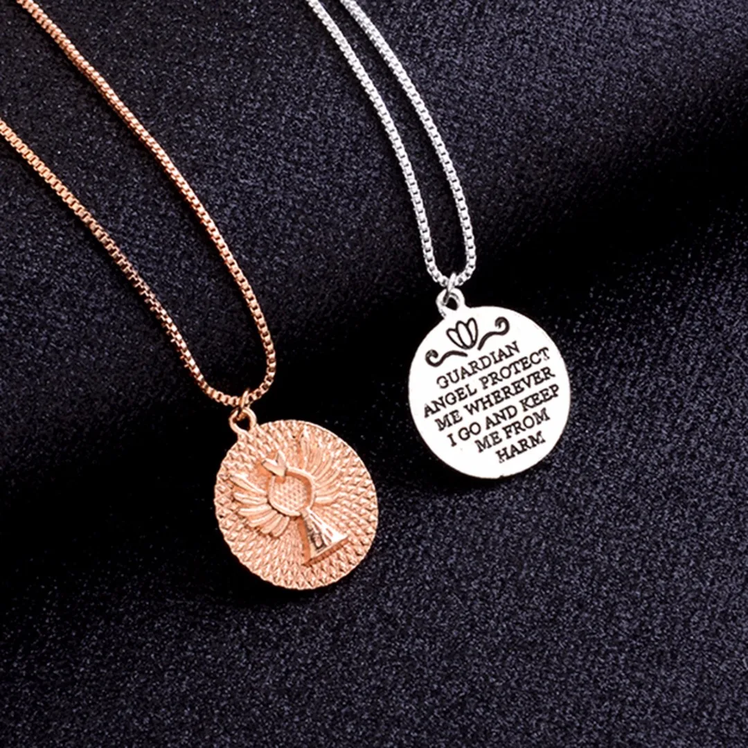 Shellhard Trendy Simple Elegant Silver/Gold Chain Metal Round Letter Angel Wing Pendant Necklace Punk Unique Jewelry Couple Gift