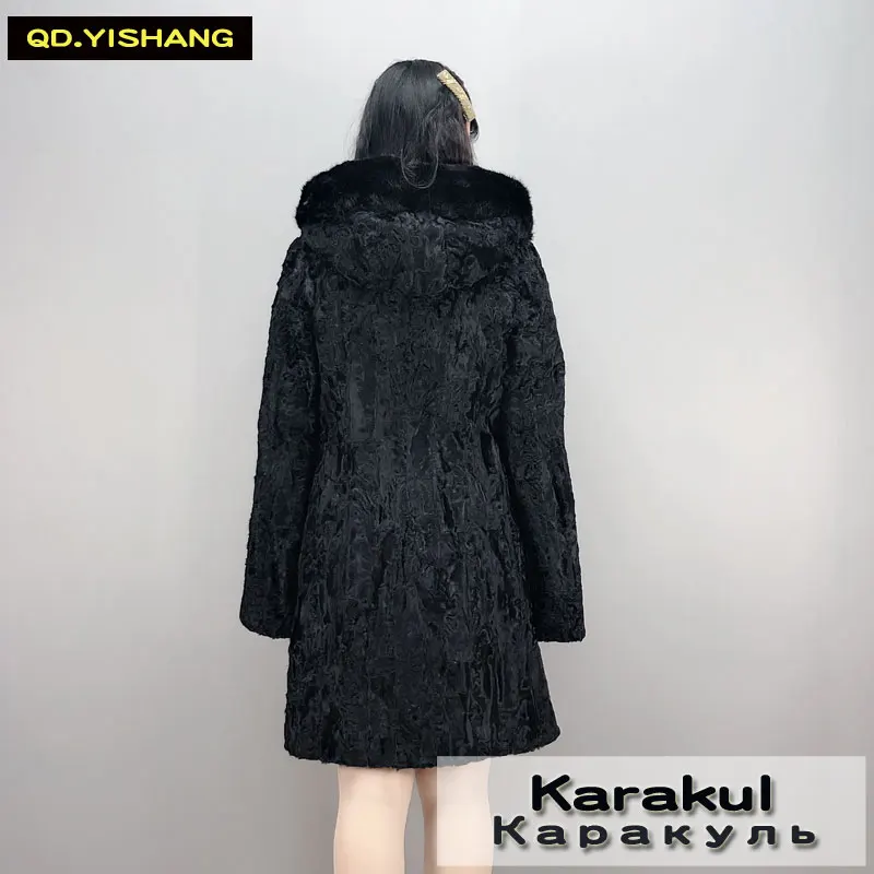 Натуральное меховое пальто Karakul, меховое пальто с капюшоном, длинное женское зимнее пальто QD. YISHANG