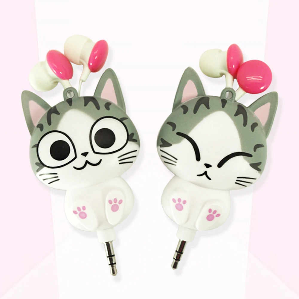 

In-ear Earphones Cute Cartoon Cat Panda Cheese Earplugs Retractable Automatic Headset for Iphone Android Kid Girls Gifts