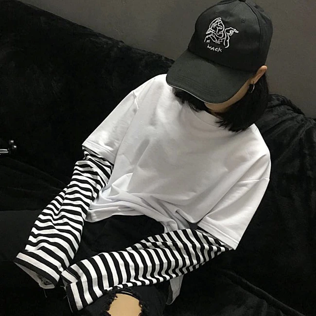 Camiseta Mujer 2020 модные футболки корейские Ulzzang Harajuku полосатые с длинным рукавом для
