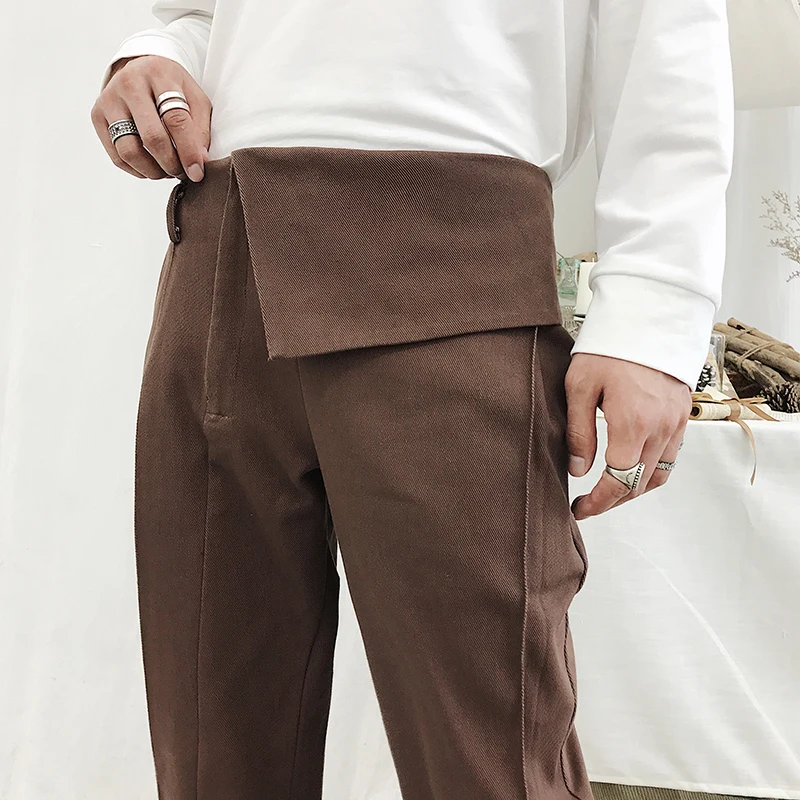 Новые мужские уличные модные индивидуальные, трендовые осенние стильные нестандартные обхват талии коричневые прямые дизайнерские брюки