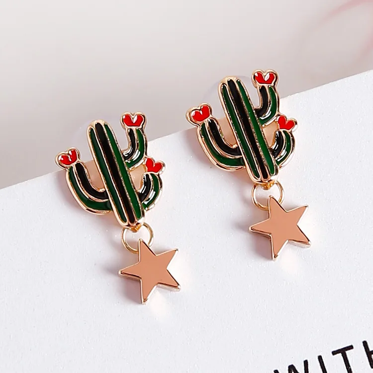 

2018 Hot Sale Funny Fashionable Stud Earrings Lovely Cactus Shape Alloy Star Boucle D'oreille Pendante Femme Ear Accessories