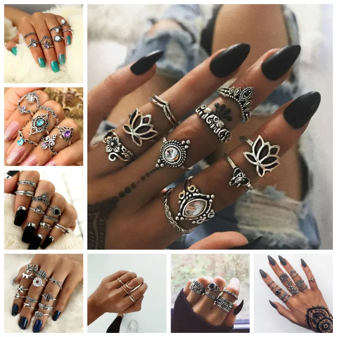 

Bohemian Fashion Vintage Ring Set Ladies Silver Color Ring Multi-element Combination Black opal stones Wedding Ring Jewelry Gift