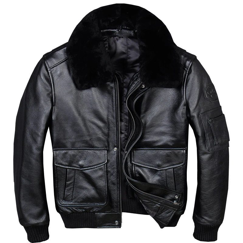 

FREE SHIPPING 2019 Black Men USAF Pilot Leather Jacket Wool Collar Plus Size 3XL Genuine Cowhide Winter Russian A2 Leather Coat