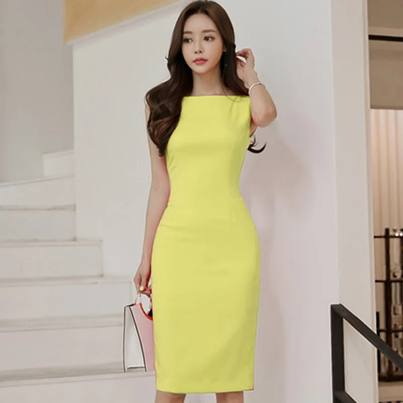 

2019 Summer OL Office Cloth Women Sleeveless Knee-Length Pencil Brief Bodycon Work Dress Have Lining