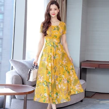 Long Summer Floral Dress Women Flower Print Casual Scoop Neck Dress Short Sleeve Office Ladies Elegant Vintage Boho Party Dress refreshing scoop collar short sleeve floral print dress for women