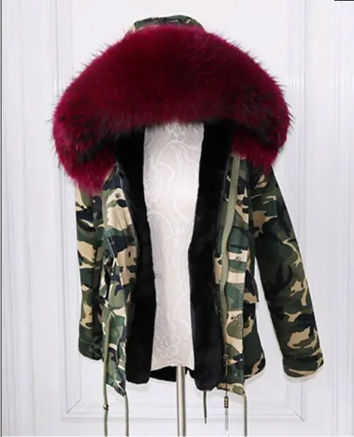 Зимняя куртка женская парка с камуфляжным принтом, с воротником из натурального меха енота, съемная теплая куртка из искусственного меха с подкладкой парки, верхняя одежда длинная одежда; одежда в тепле - Цвет: Short 4
