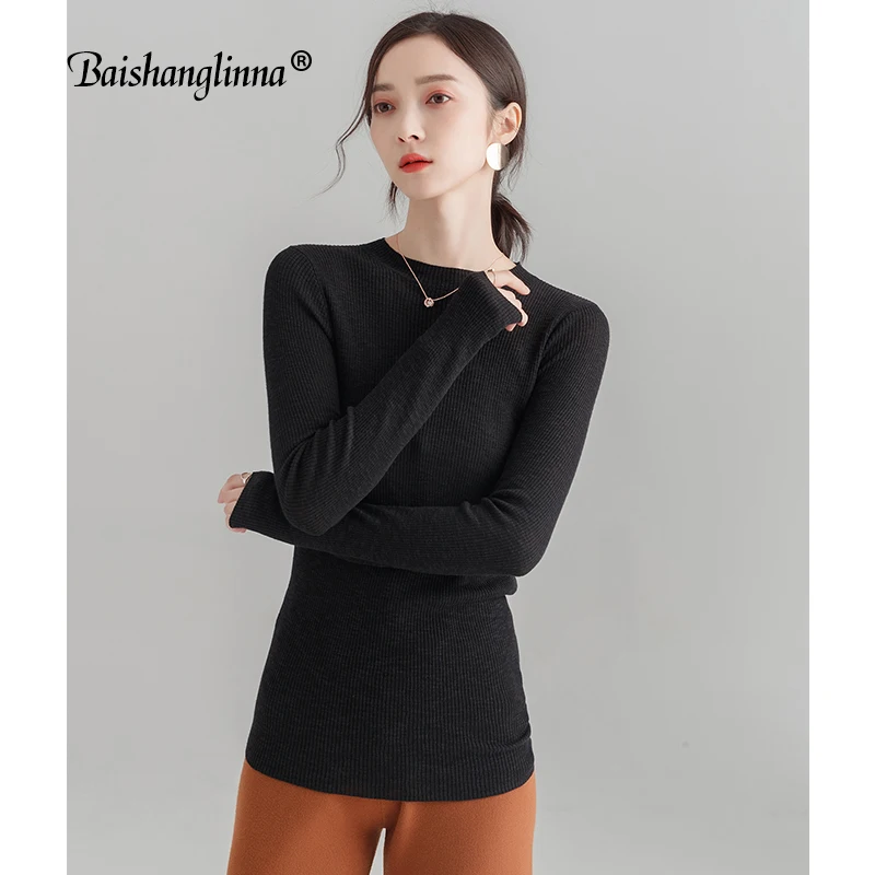 Baishanglinna осень-зима Для женщин пуловеры свитер вязаный эластичность Повседневное джемпер тонкий о-образным вырезом теплые женские